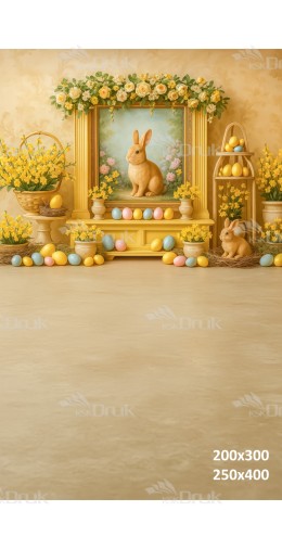 Tło fotograficzne „Wielkanocna aranżacja z żółtą szafą i króliczkami” | E604